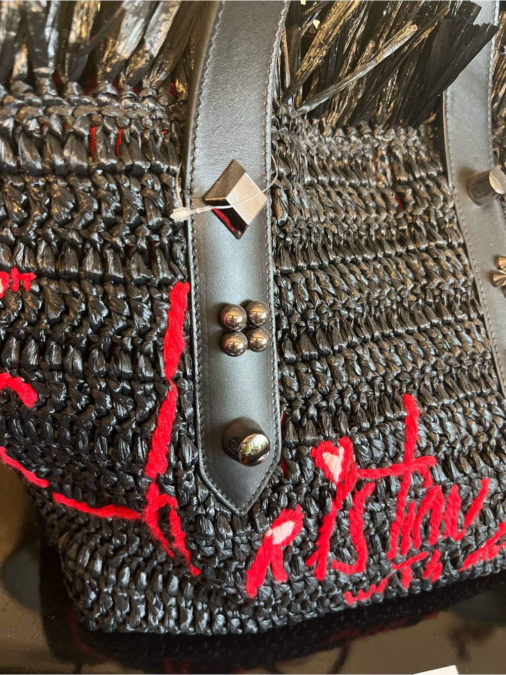 Christian Louboutin Black Woven Straw Tote with Red Script Embroidery - Picture 2 of 6